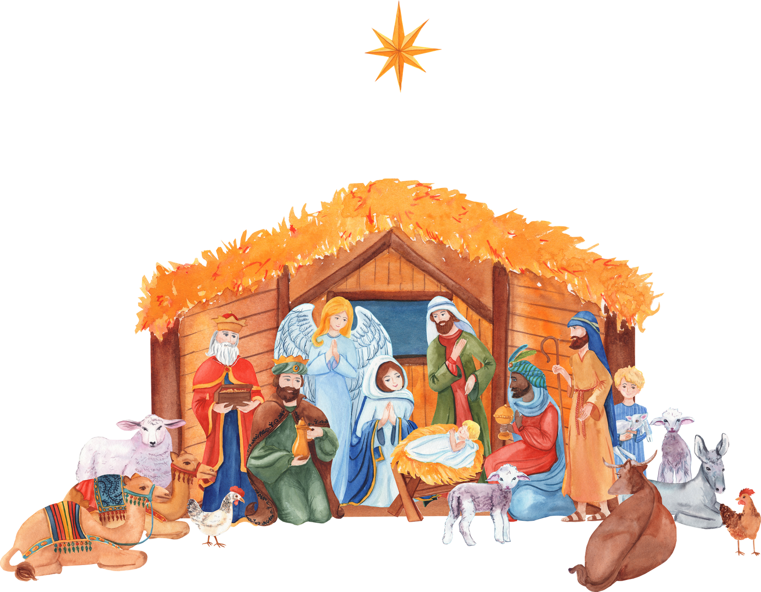 Nativity Christmas scene, Marie, Joseph, baby Jesus, three wise men